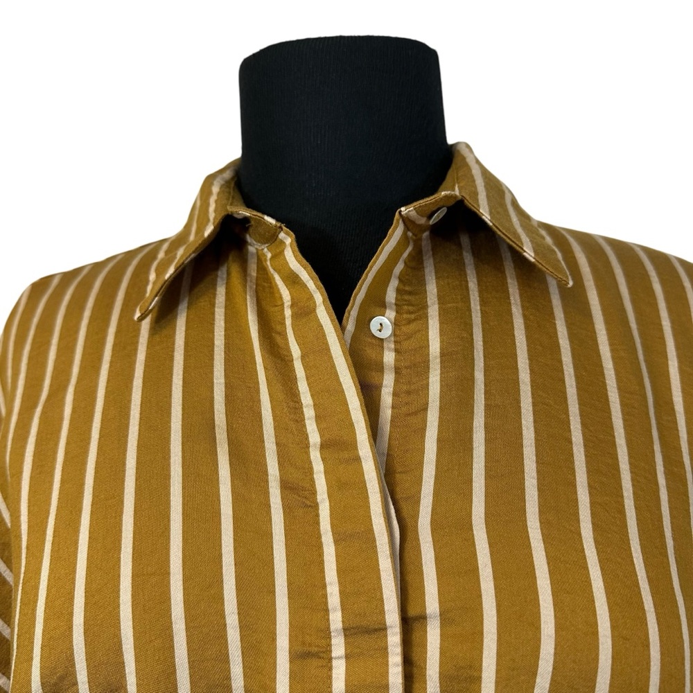 ZARA Gold Stripe Tie Front Blouse Size S Ruffle Sleeve Button Up Top - Picture 3 of 11